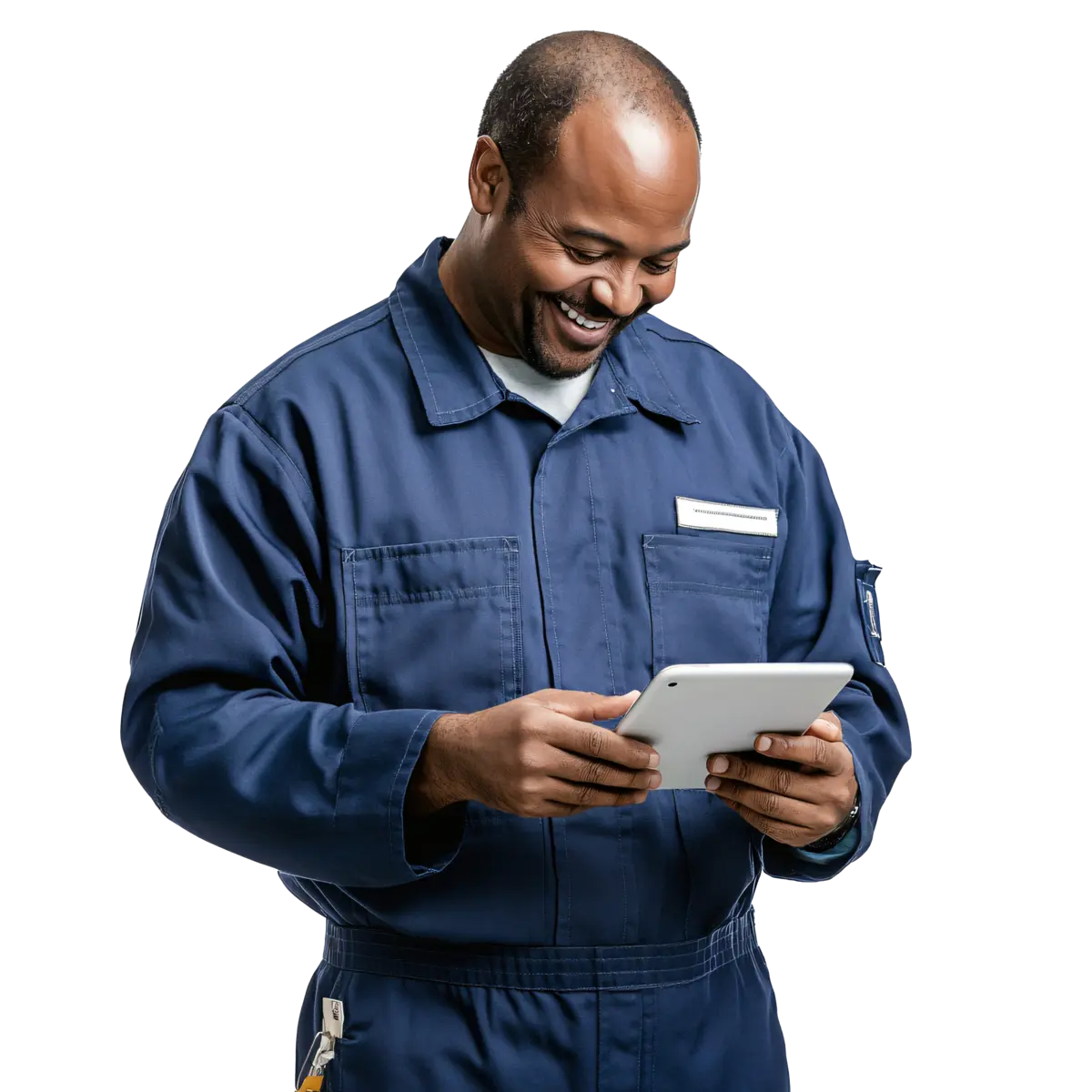 Certified inspector checking a vehicle with a tablet